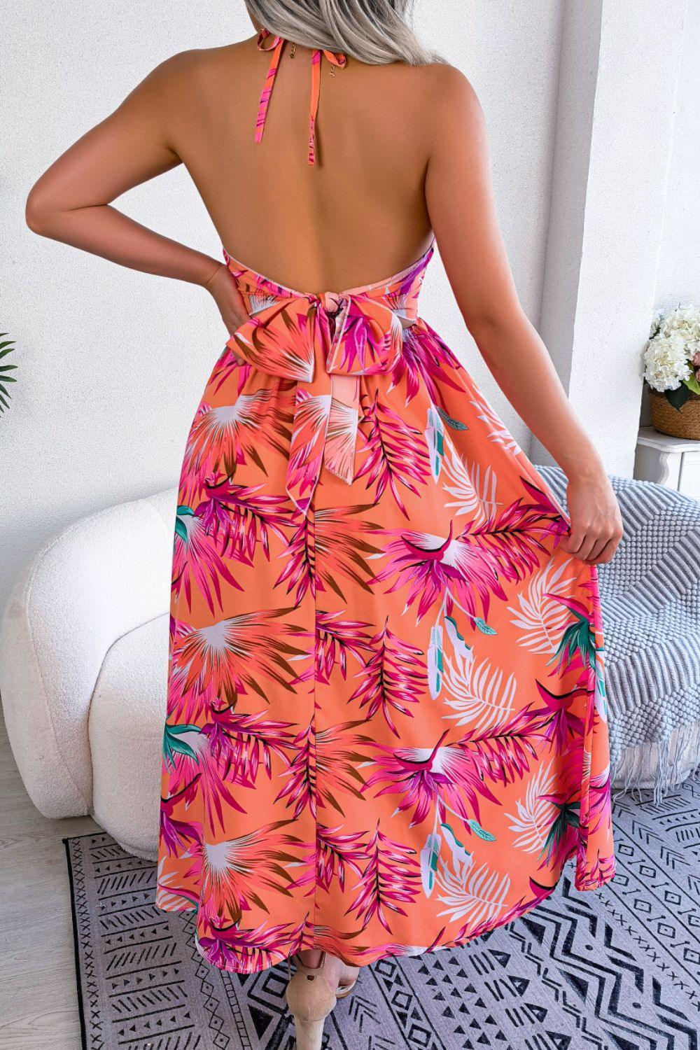 Botanical Print Tied Backless Cutout Slit Dress - ClubOn