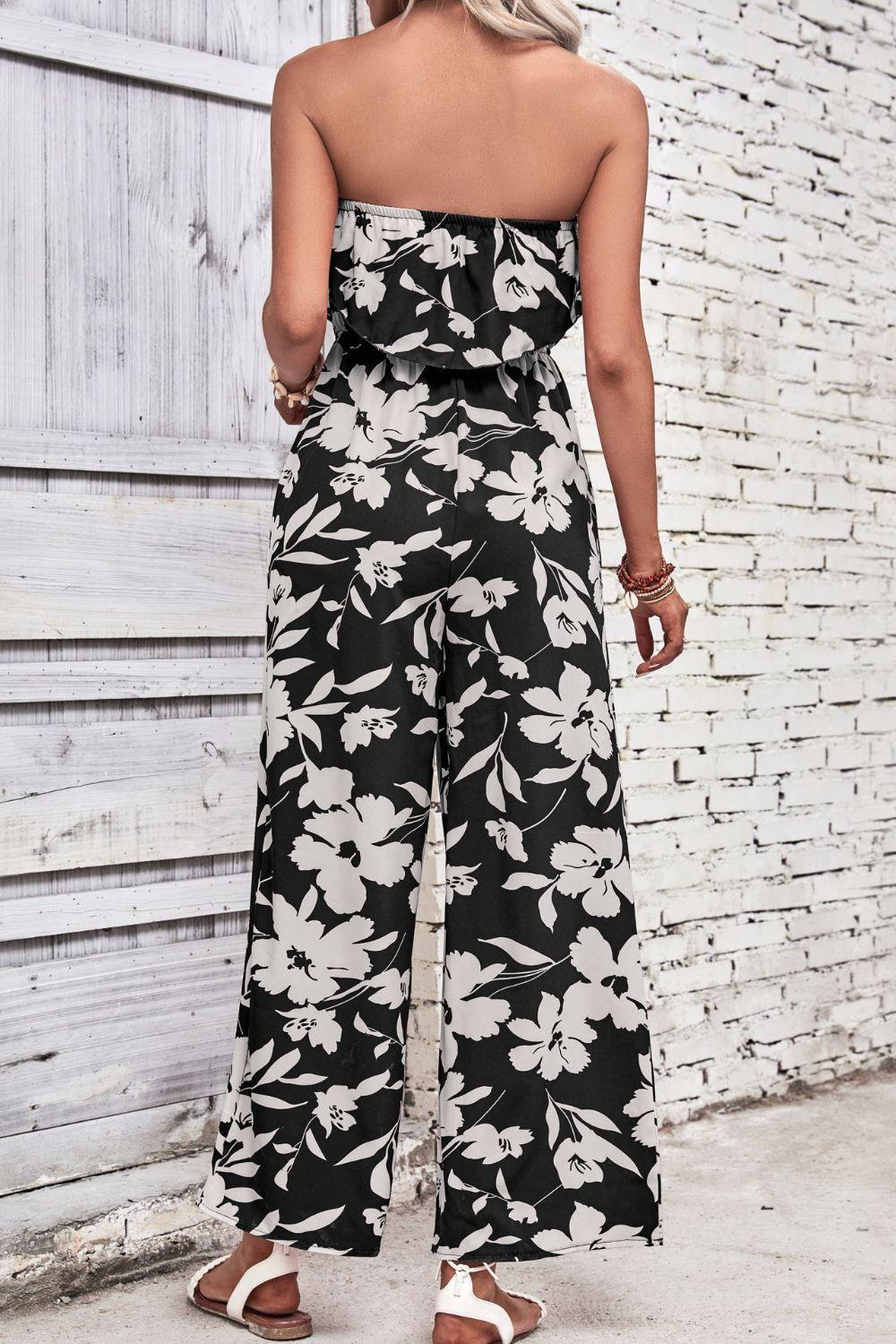 Perfee Floral Strapless Wide Leg Jumpsuit - ClubOn