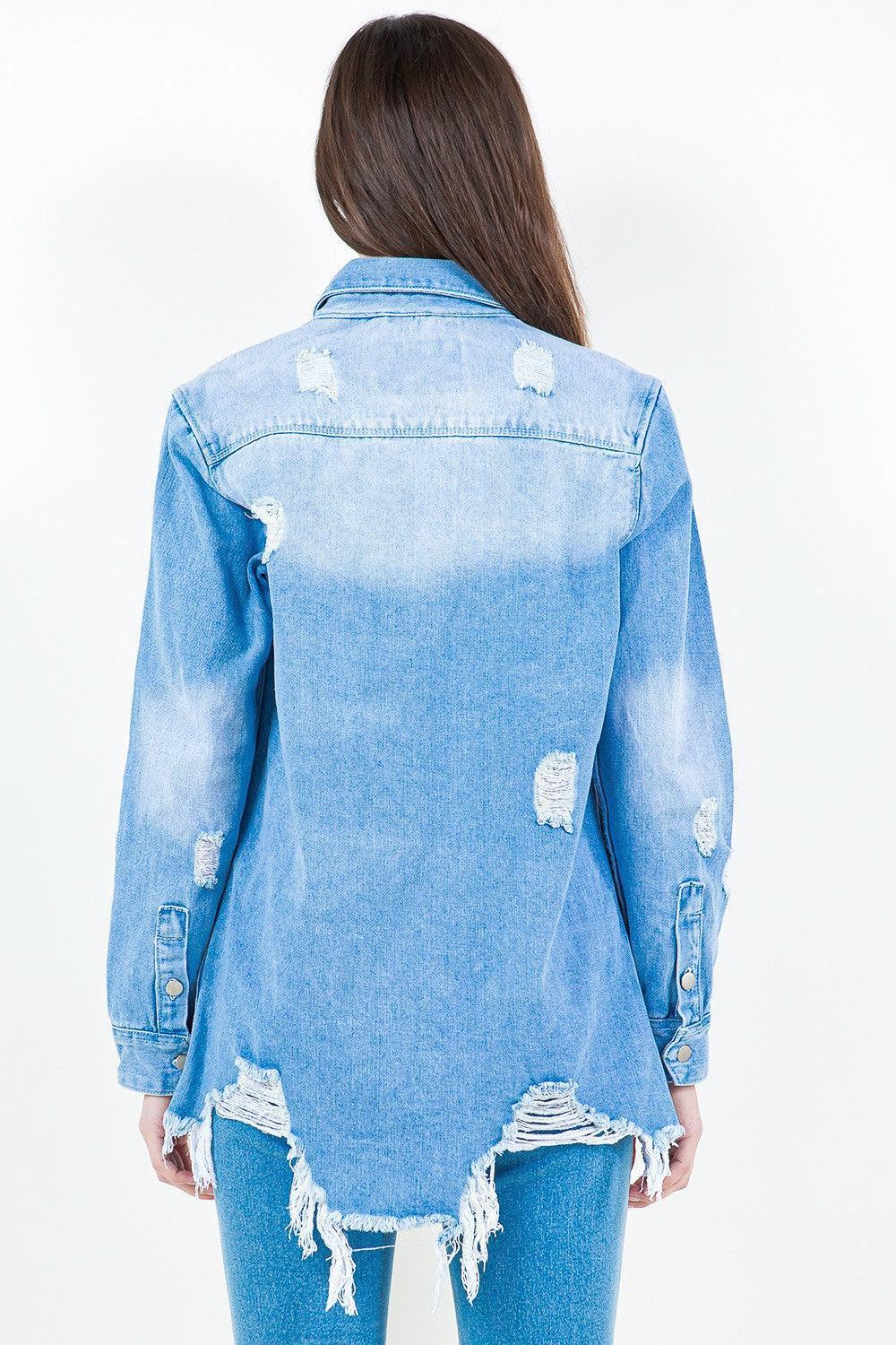 American Bazi Frayed Hem Distressed Denim Shirt Jacket - ClubOn