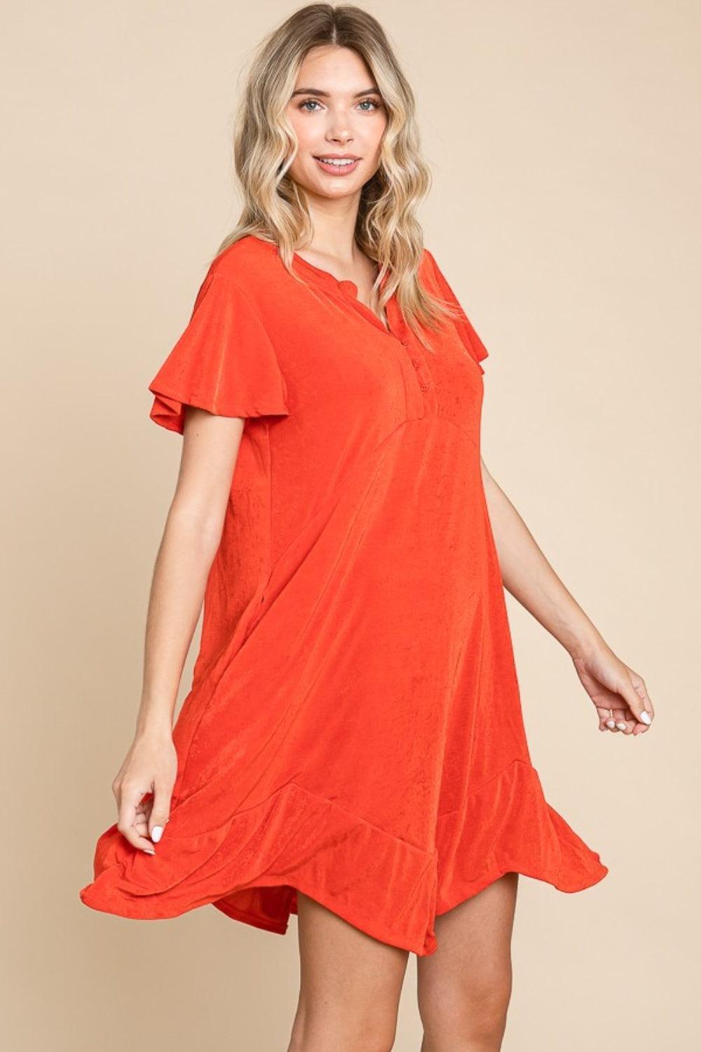 Culture Code Full Size Short Sleeve Ruffled Asymmetric Hem Dress - ClubOn