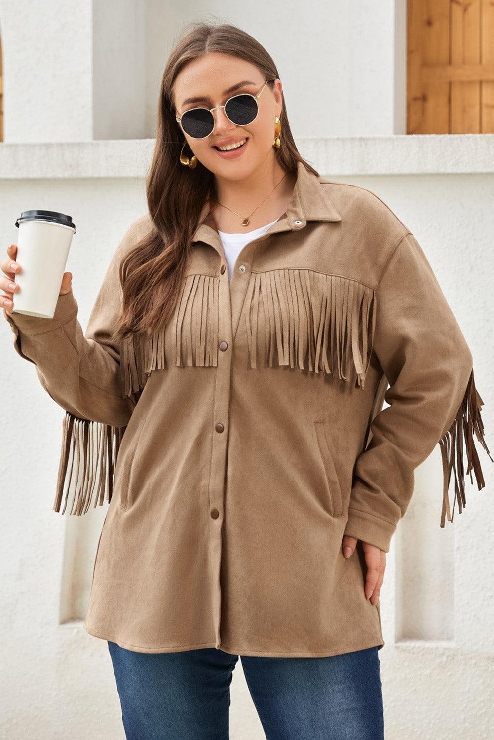 Plus Size Fringe Trim Snap Down Long Sleeve Shacket - ClubOn