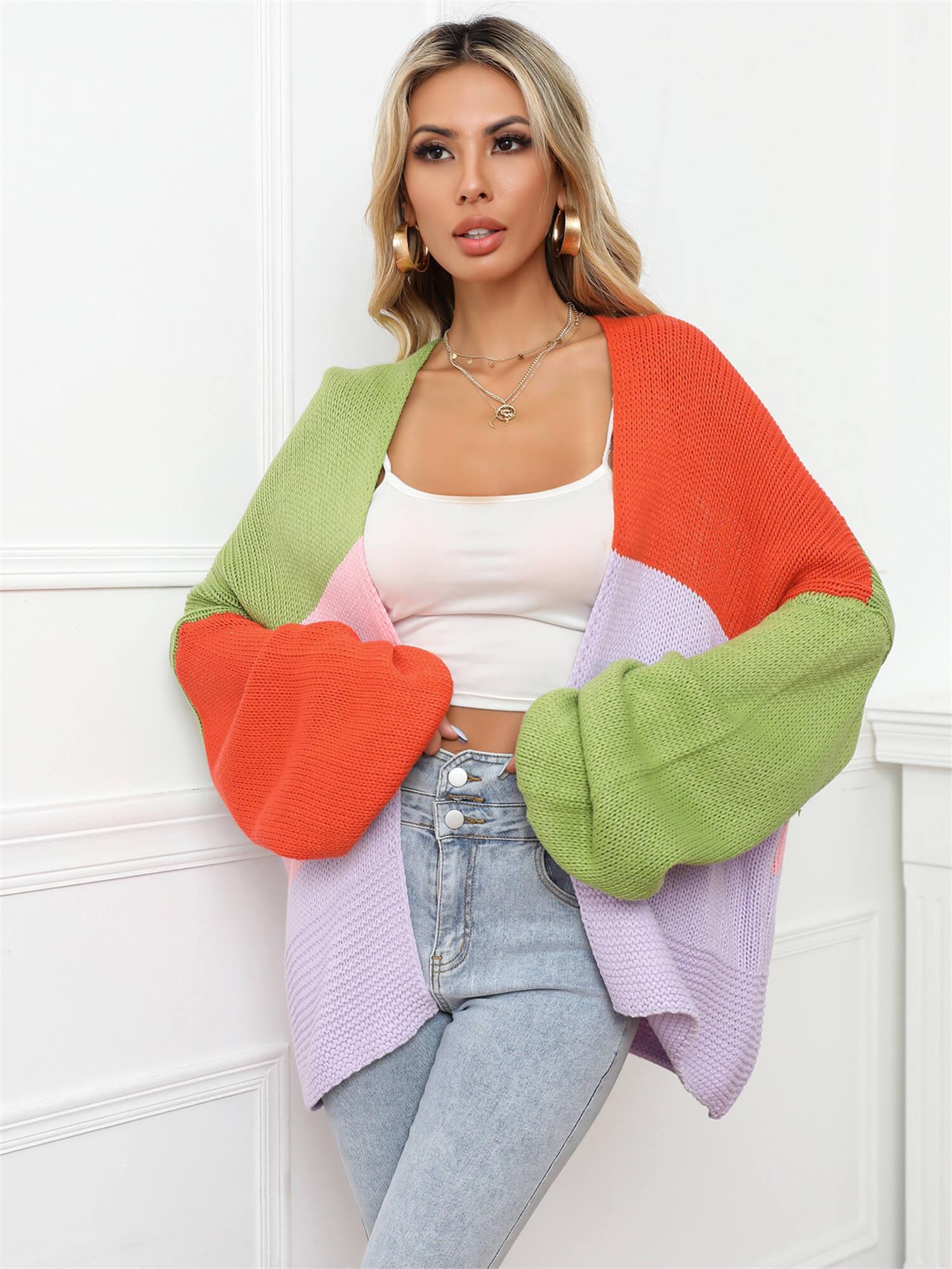 Angel Wings Color Block Open Front Balloon Sleeve Longline Cardigan - ClubOn