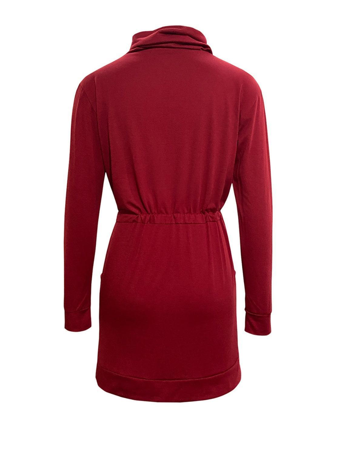Drawstring Turtleneck Long Sleeve Mini Dress - ClubOn