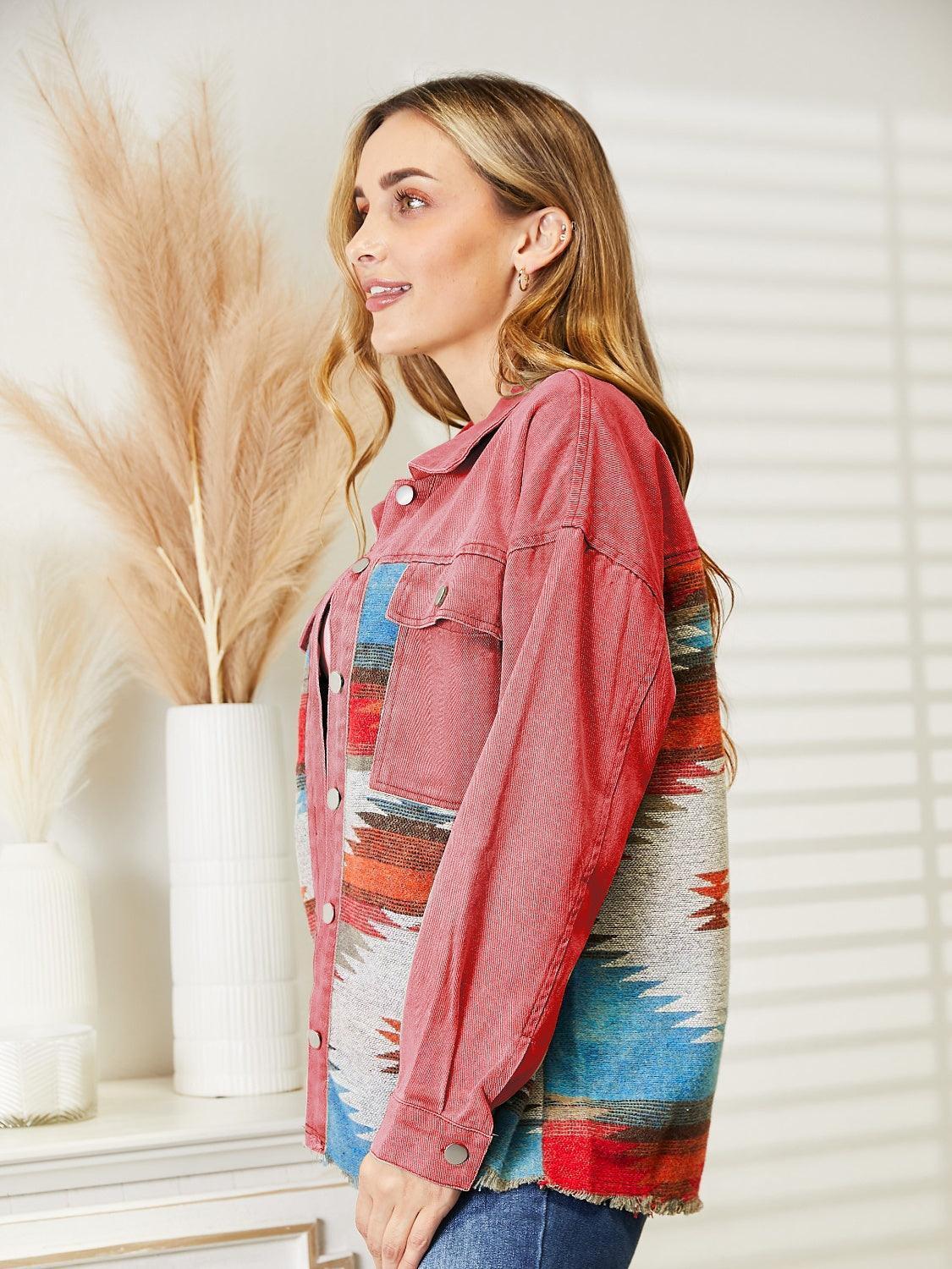 Dropped Shoulder Long Sleeve Printed Denim Jacket - ClubOn