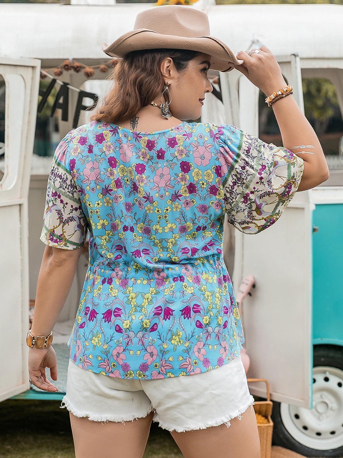 Plus Size Ruched Lace Detail Printed V-Neck Short Sleeve Blouse - ClubOn