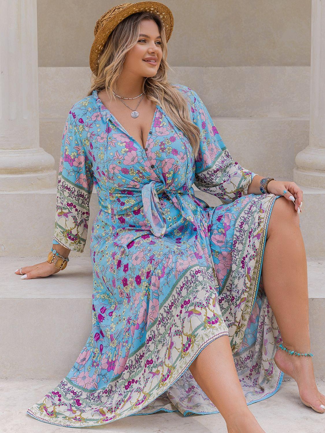 Plus Size Printed Tie Neck Top and Skirt Set - ClubOn