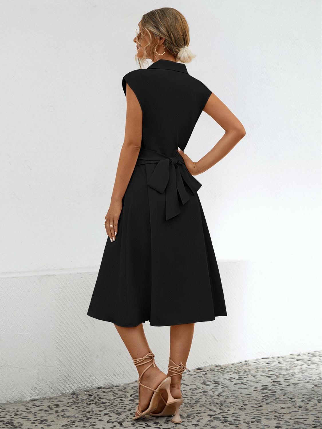 Button Up Cap Sleeve Midi Dress - ClubOn
