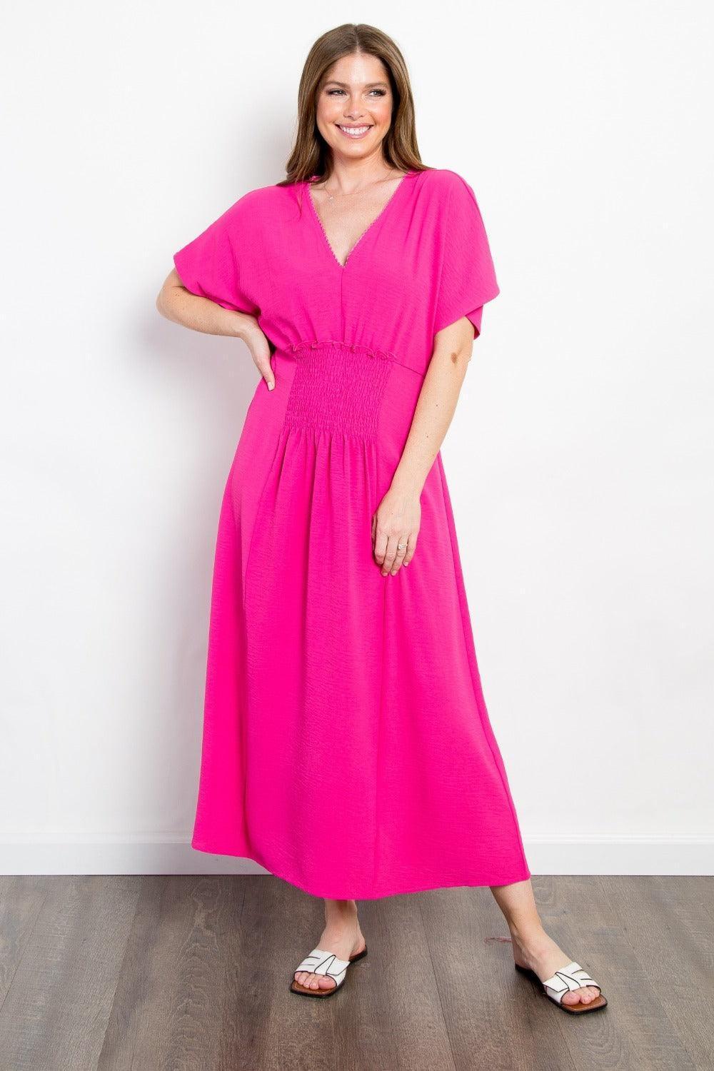 Be Stage Full Size Shirred Front Short Sleeve Maxi Dress - ClubOn