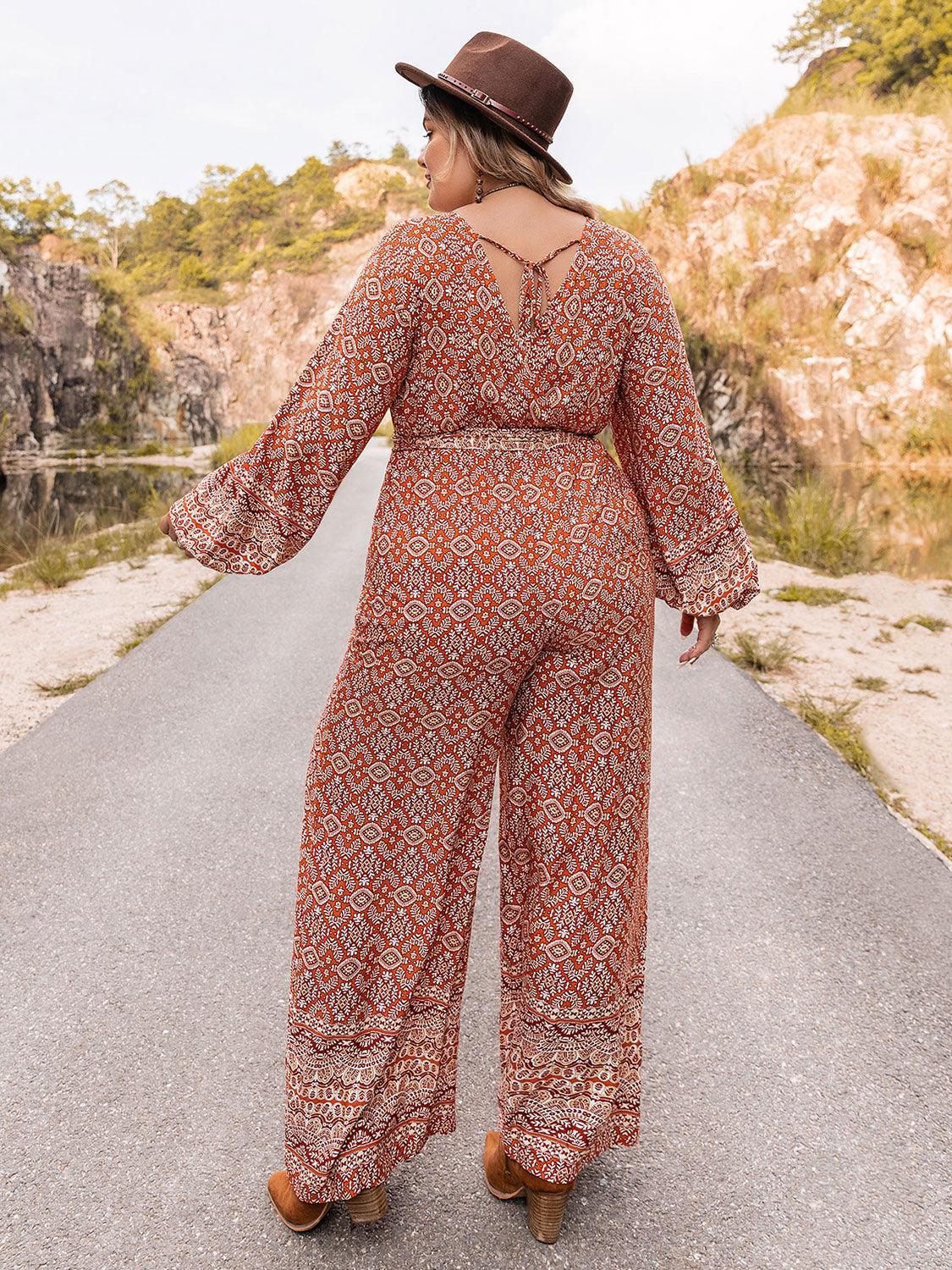 Plus Size Printed V-Neck Tie Front Balloon Sleeve Jumpsuit - ClubOn