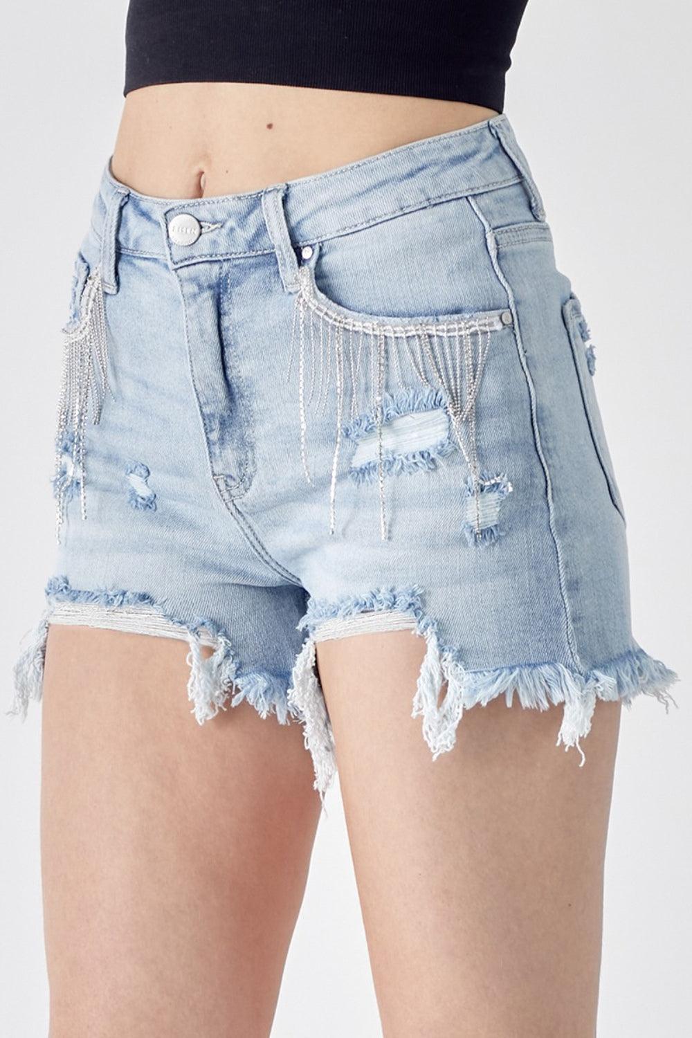 RISEN Frayed Hem Denim Shorts with Fringe Detail Pockets - ClubOn