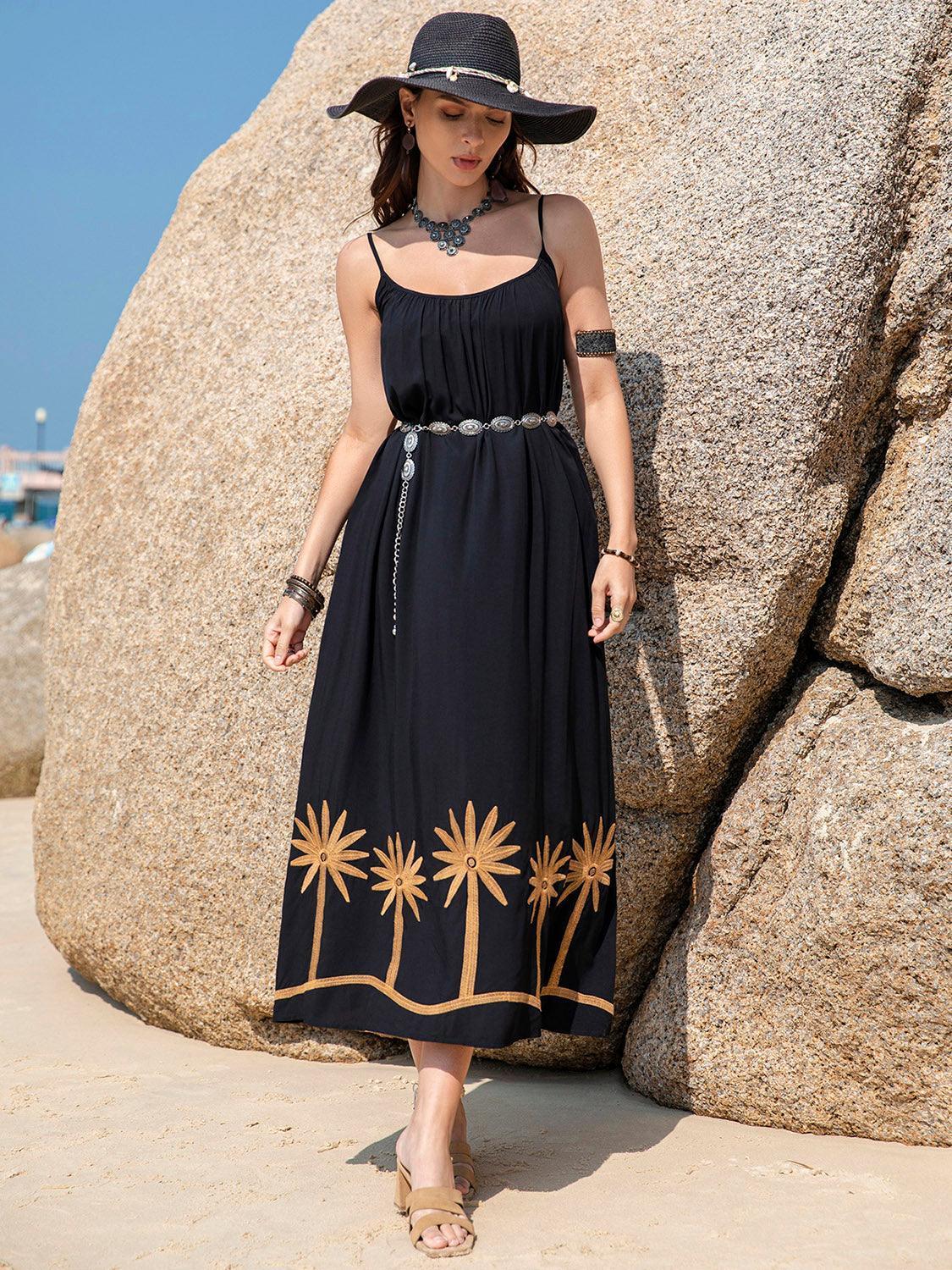 Embroidered Scoop Neck Midi Cami Dress - ClubOn