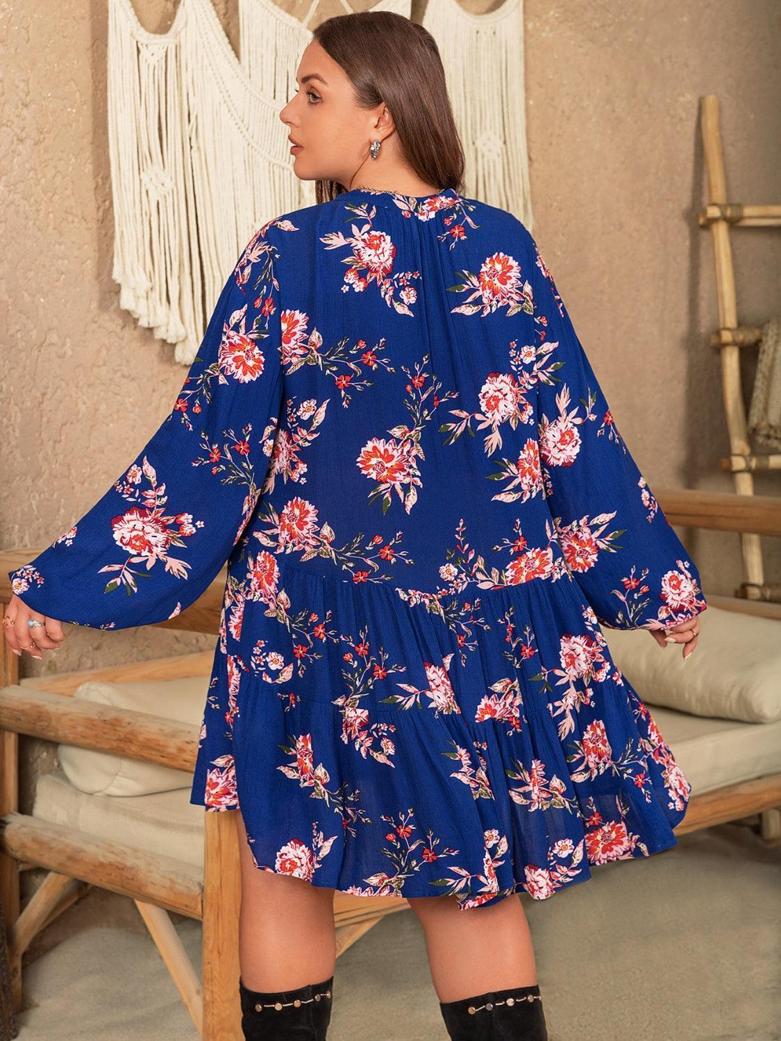 Plus Size Printed Tie Neck Balloon Sleeve Mini Dress - ClubOn