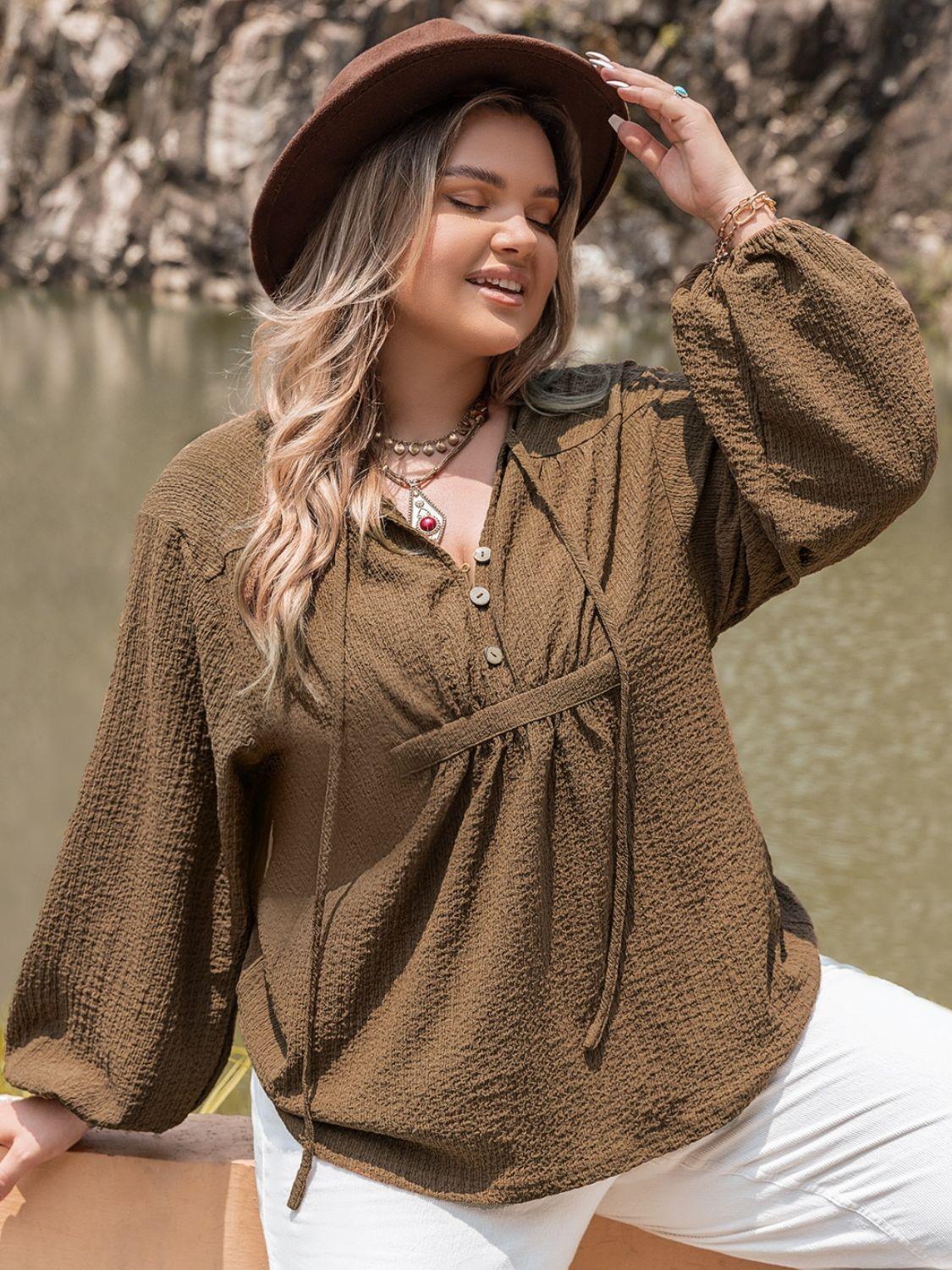 Plus Size Tie Neck Long Sleeve Blouse - ClubOn