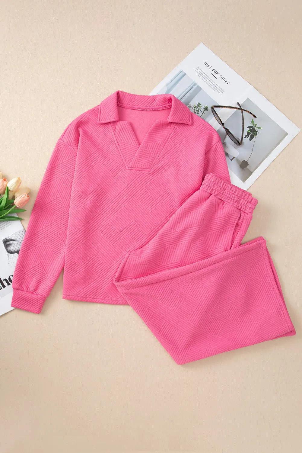 Textured Long Sleeve Top & Drawstring Pants Set - ClubOn