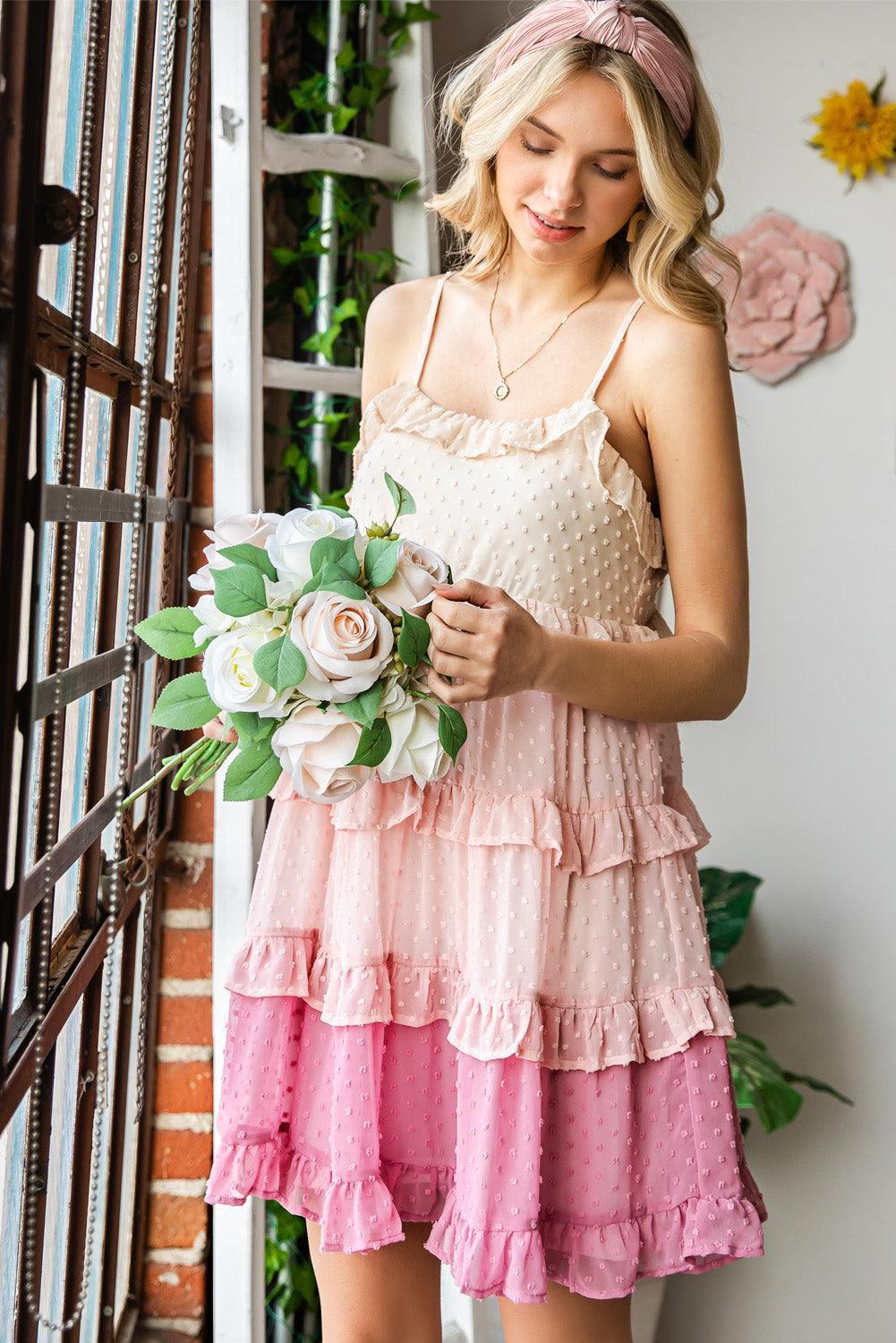 Color Block Swiss Dot Ruffled Tiered Spaghetti Strap Dress - ClubOn