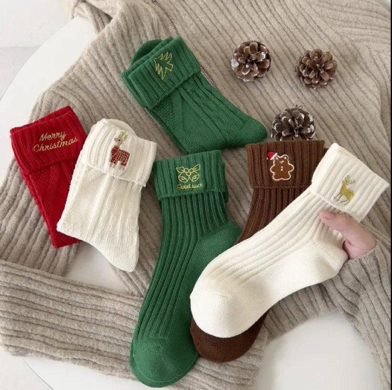 Cartoon Christmas Socks for Women – Embroidered Cotton Design - ClubOn