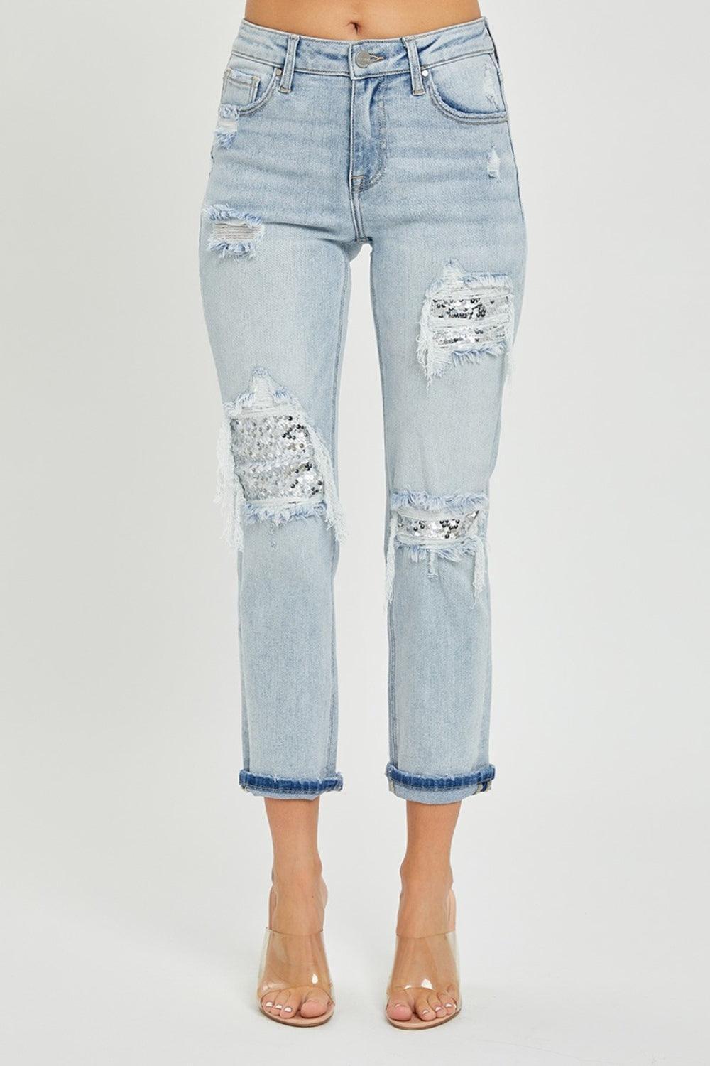 RISEN Mid-Rise Sequin Patched Jeans - ClubOn