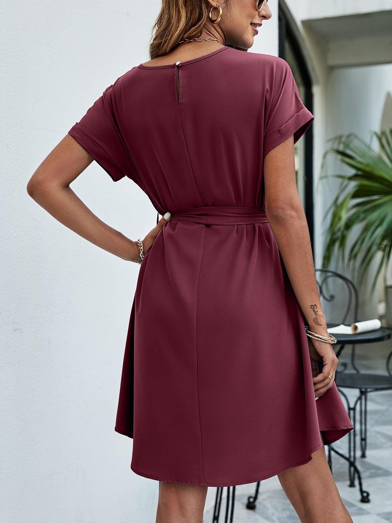 Belted Round Neck Curved Hem Dress - ClubOn