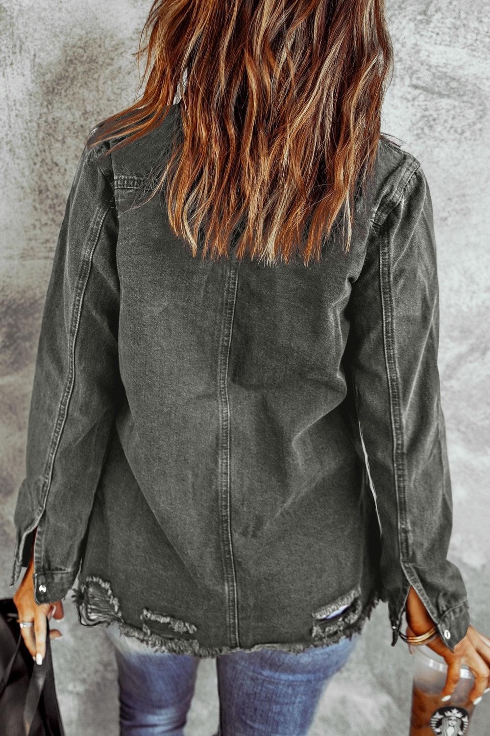 Distressed Raw Hem Snap Down Denim Jacket - ClubOn