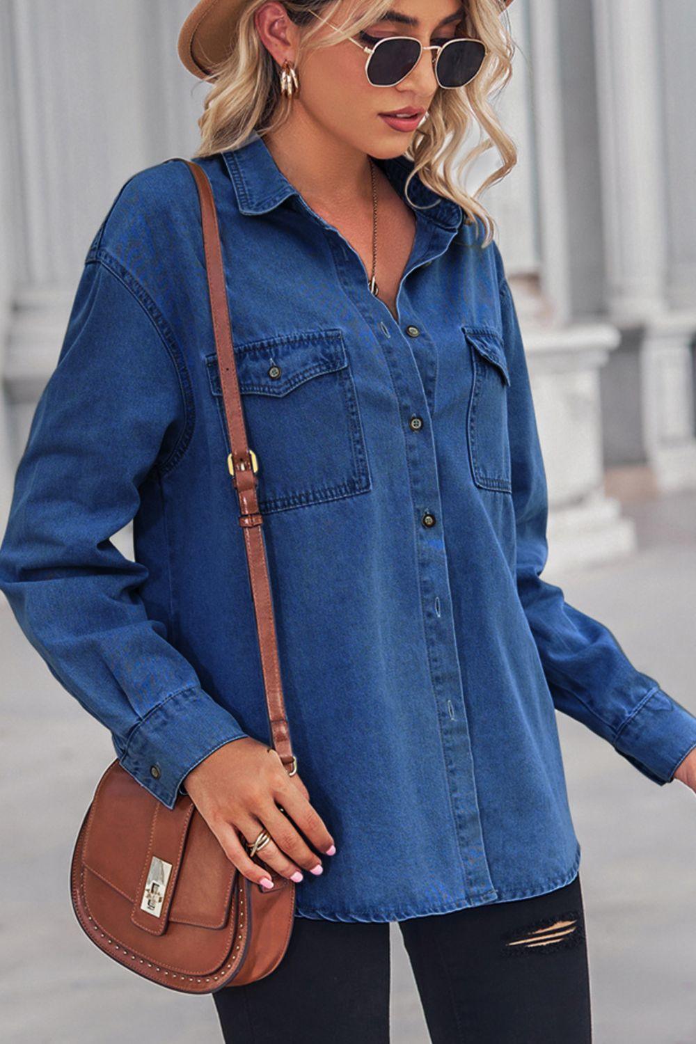Collared Neck Dropped Shoulder Denim Top - ClubOn