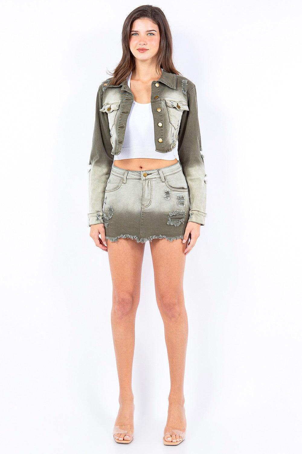 American Bazi Distressed Ombre Washed Cropped Denim Jacket - ClubOn