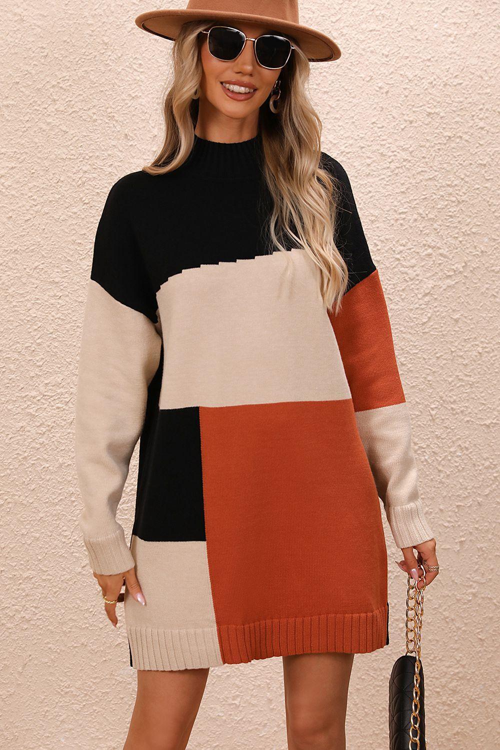 Color Block Mock Neck Dropped Shoulder Sweater Dress - ClubOn
