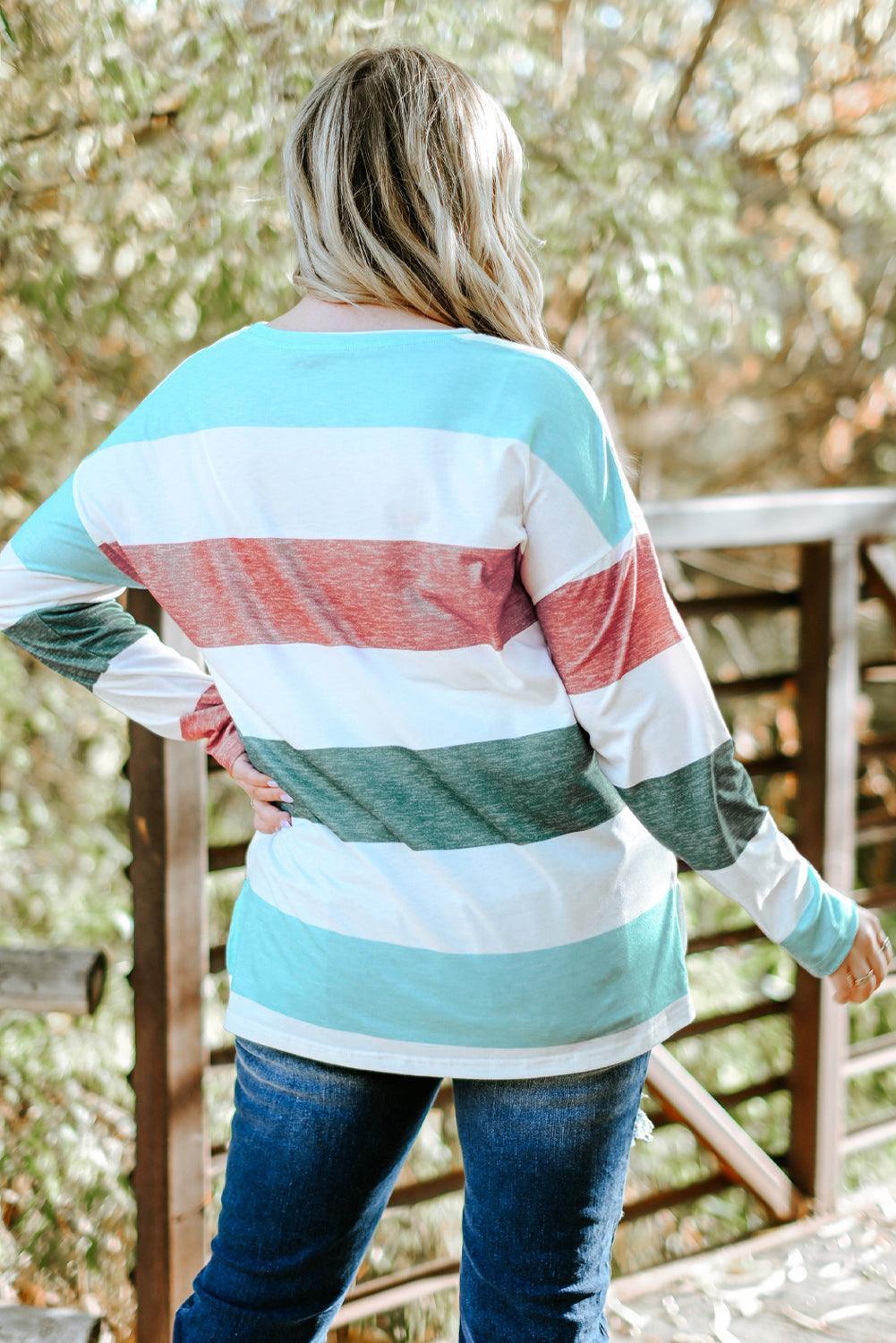 Plus Size Striped Slit Long Sleeve T-Shirt - ClubOn
