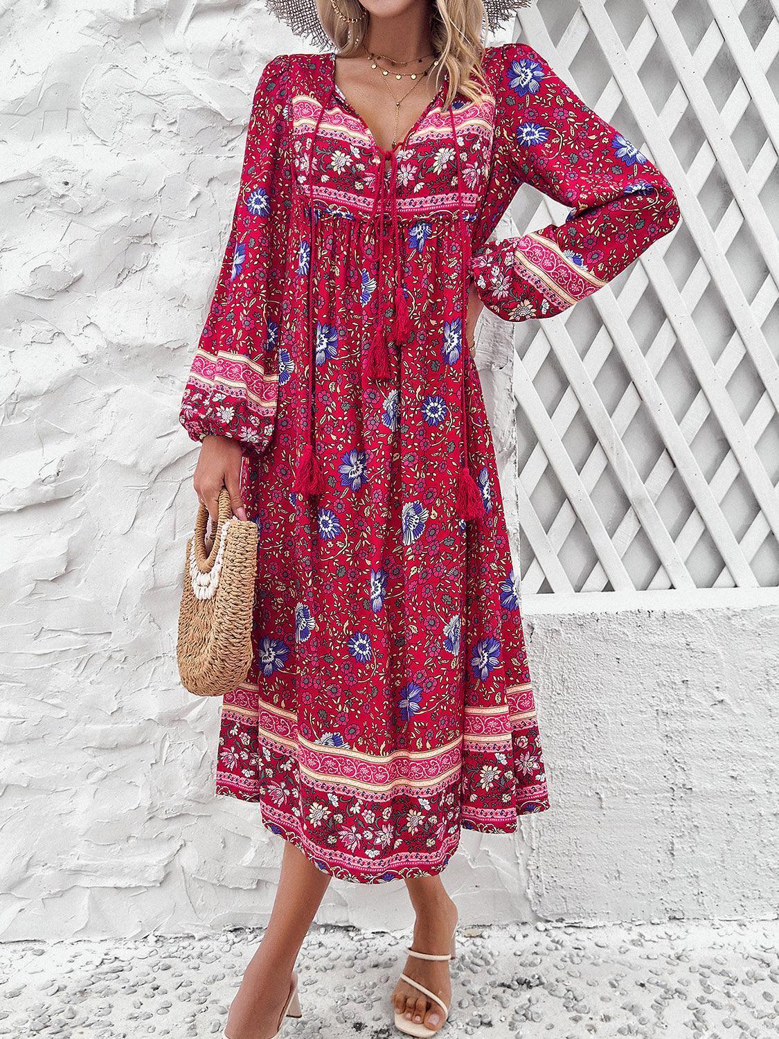 Devine Tassel Tied Printed Long Sleeve Dress - ClubOn
