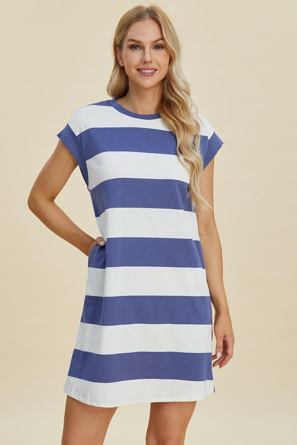 Basic Bae Full Size Striped Round Neck Cap Sleeve Mini Dress - ClubOn