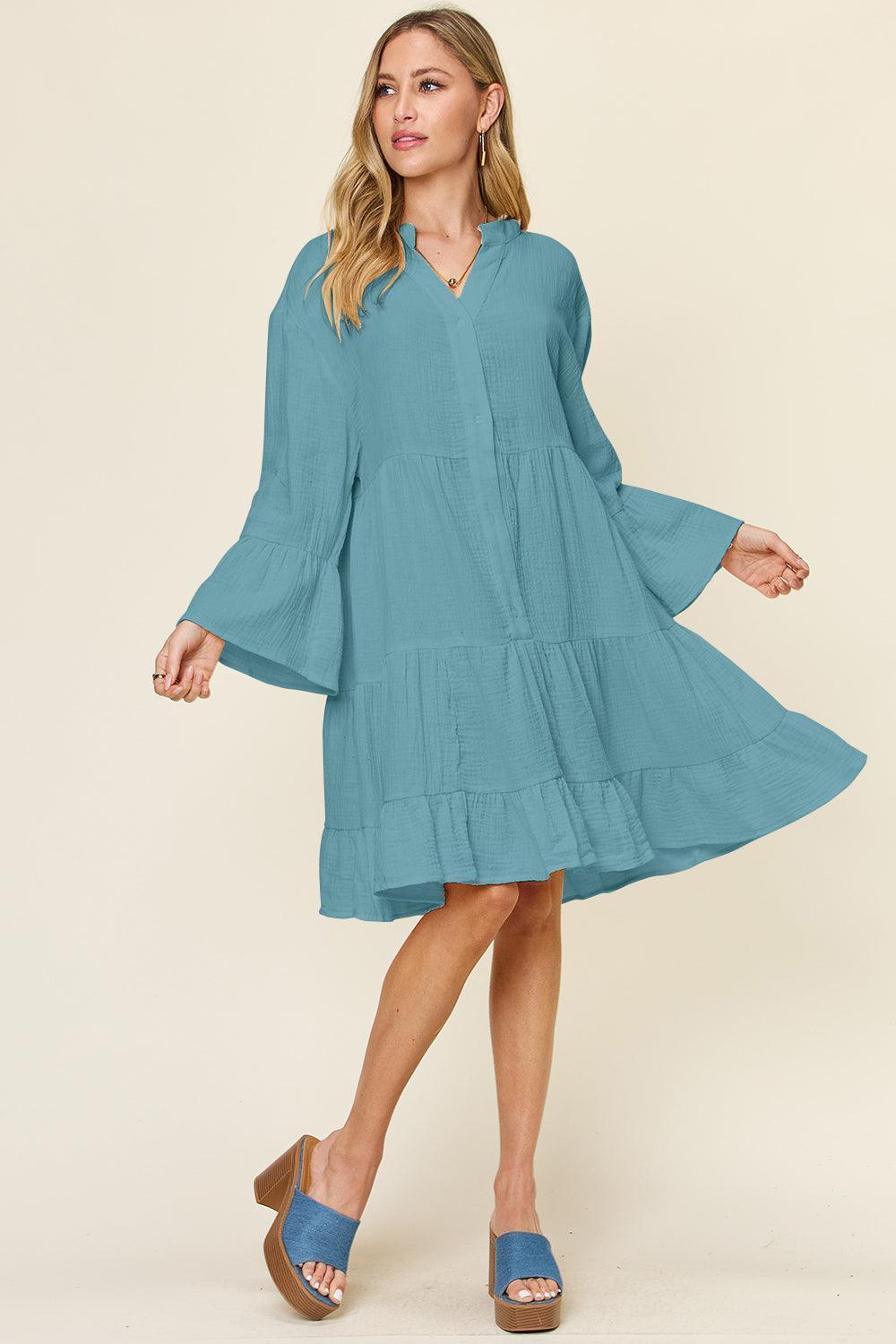 Double Take Full Size Texture Button Up Ruffle Hem Dress - ClubOn