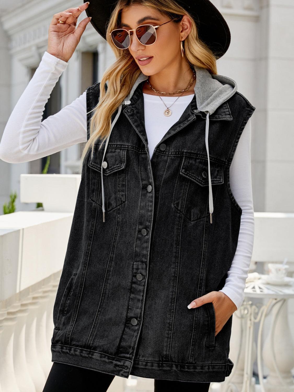 Drawstring Pocketed Button Up Sleeveless Denim Jacket - ClubOn