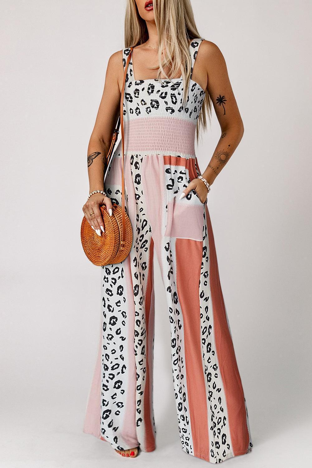 Leopard Color Block Smocked Jumpsuit - ClubOn
