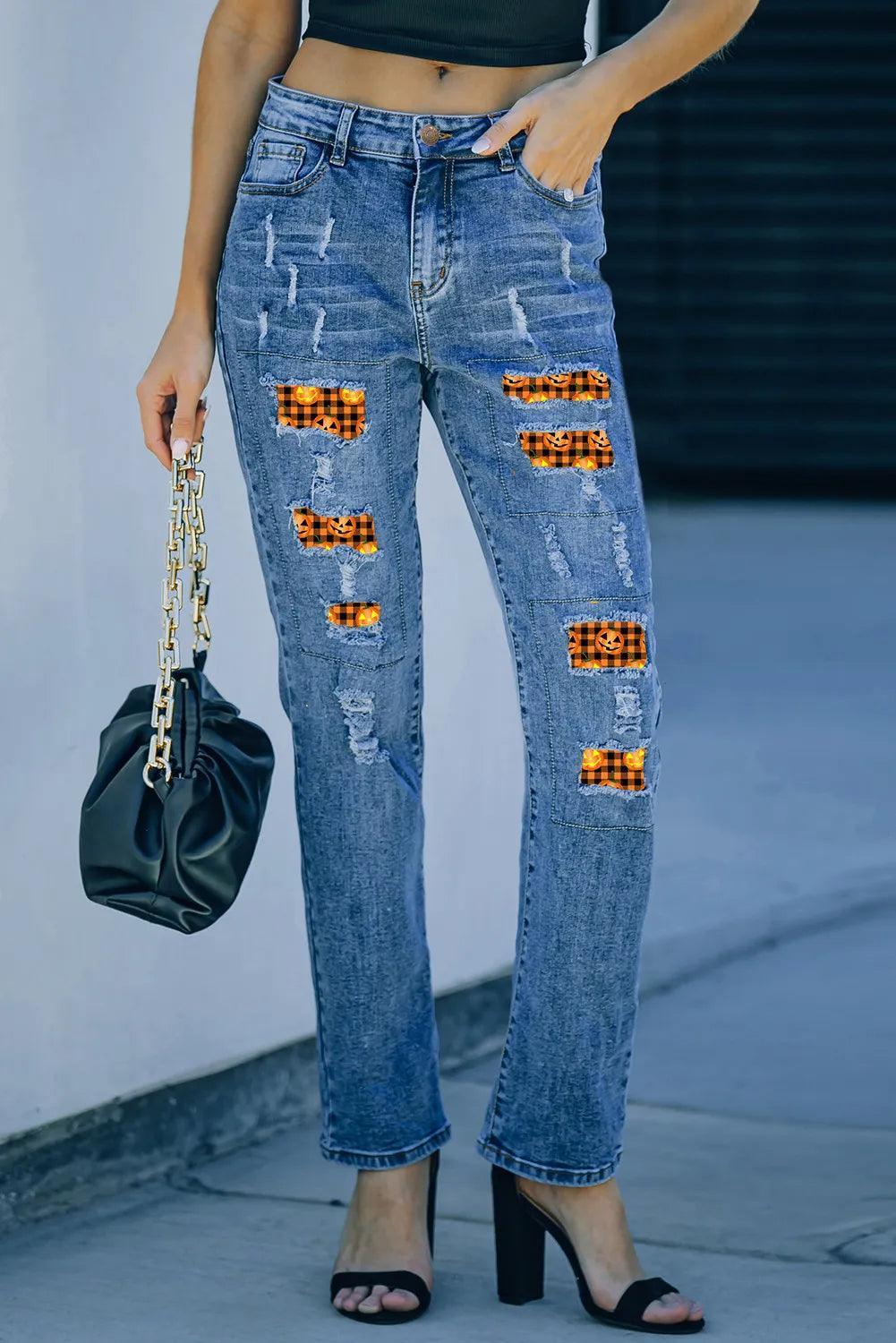 Distressed Pumpkin Pattern Jeans with Pockets - ClubOn