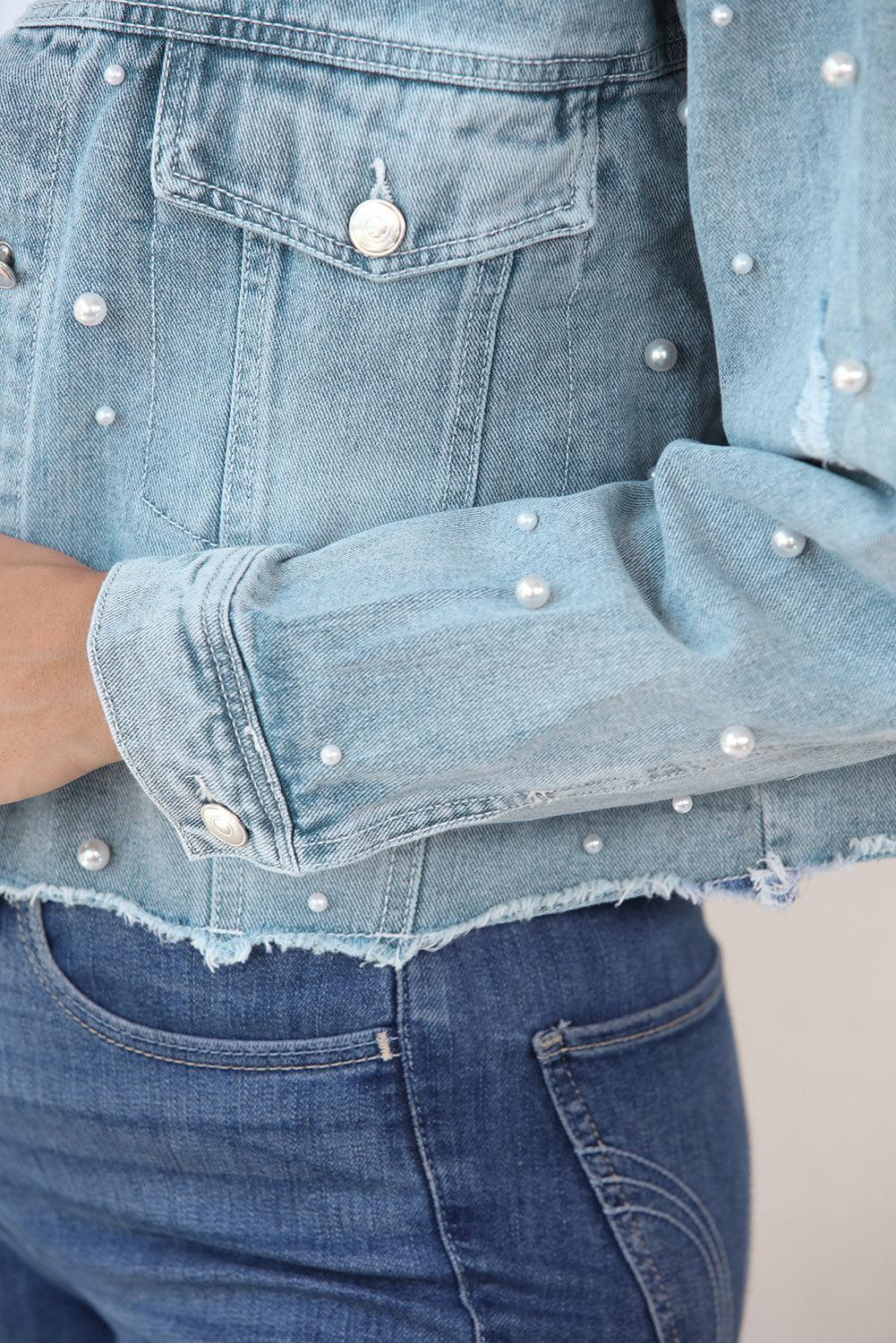 Distressed Pearl Trim Button Up Denim Jacket - ClubOn