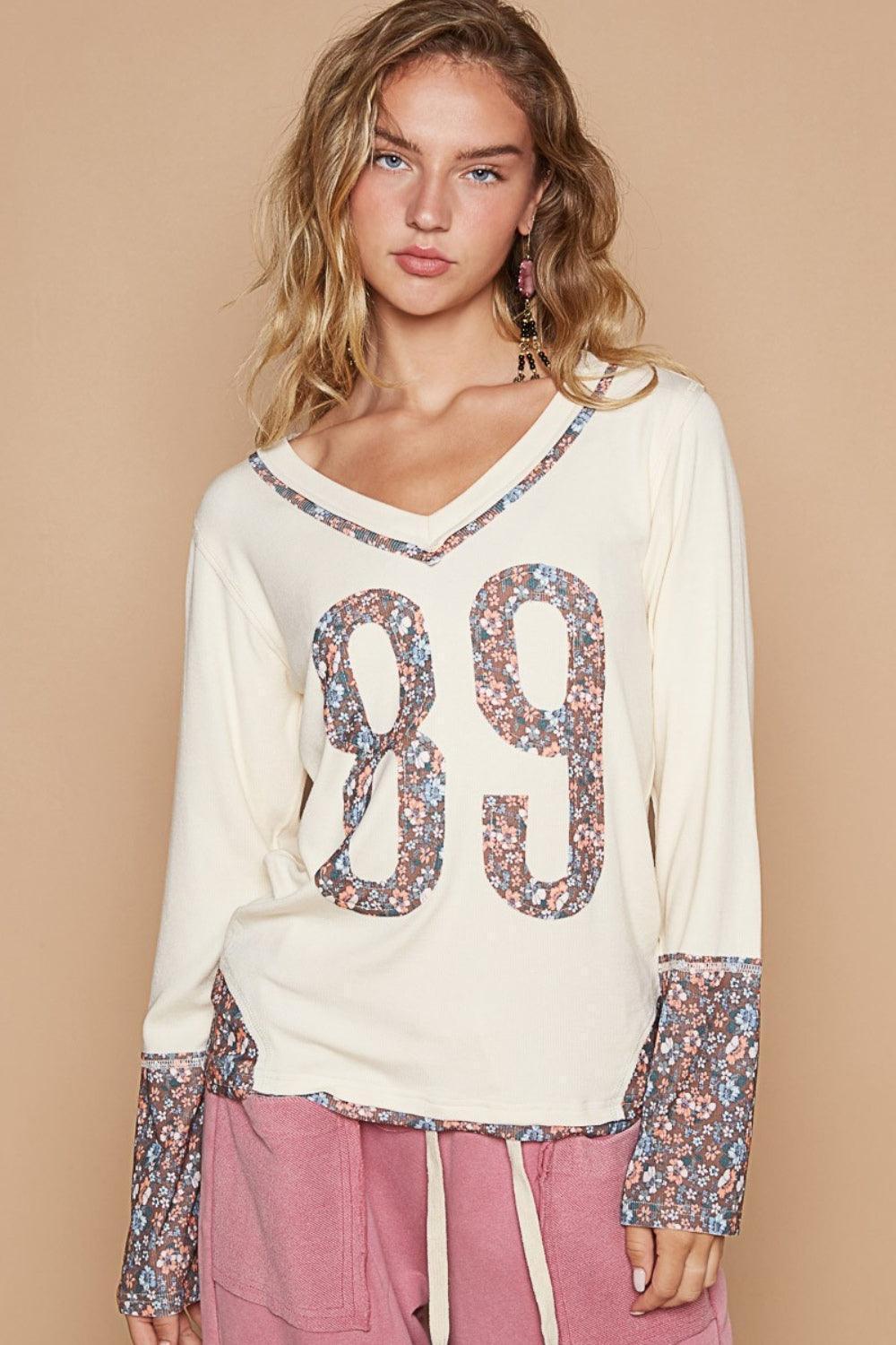 POL V-Neck Long Sleeve Floral Number Patch T-Shirt - ClubOn