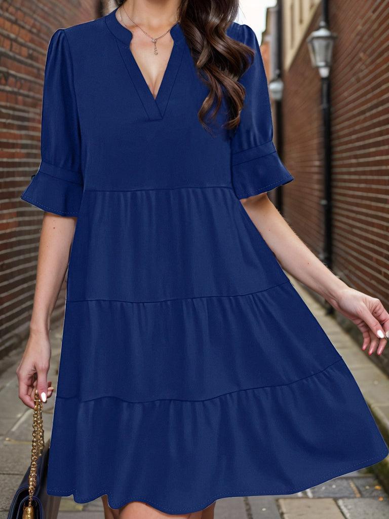 Tiered Notched Half Sleeve Dress - ClubOn