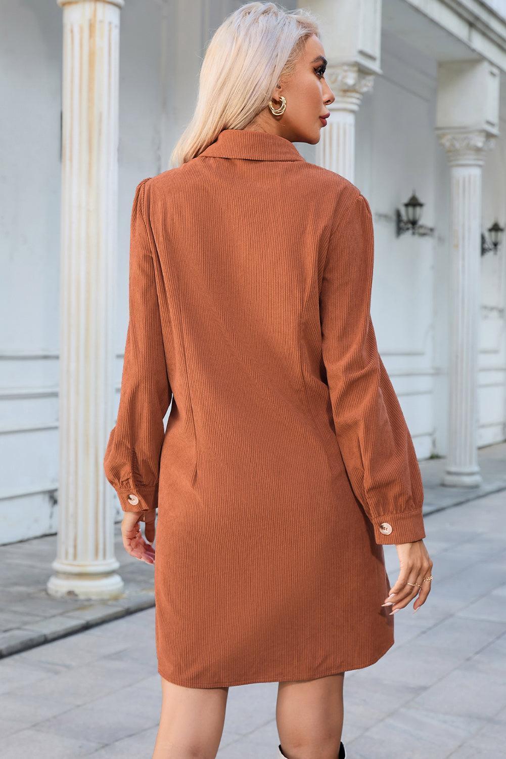 Button Down Puff Sleeve Dress - ClubOn