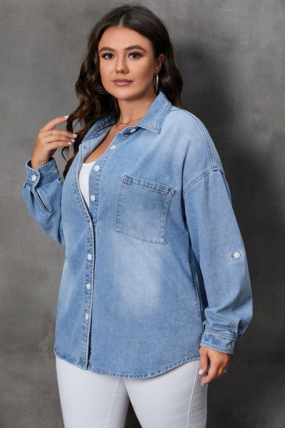 Plus Size Button Up Pocketed Denim Top - ClubOn