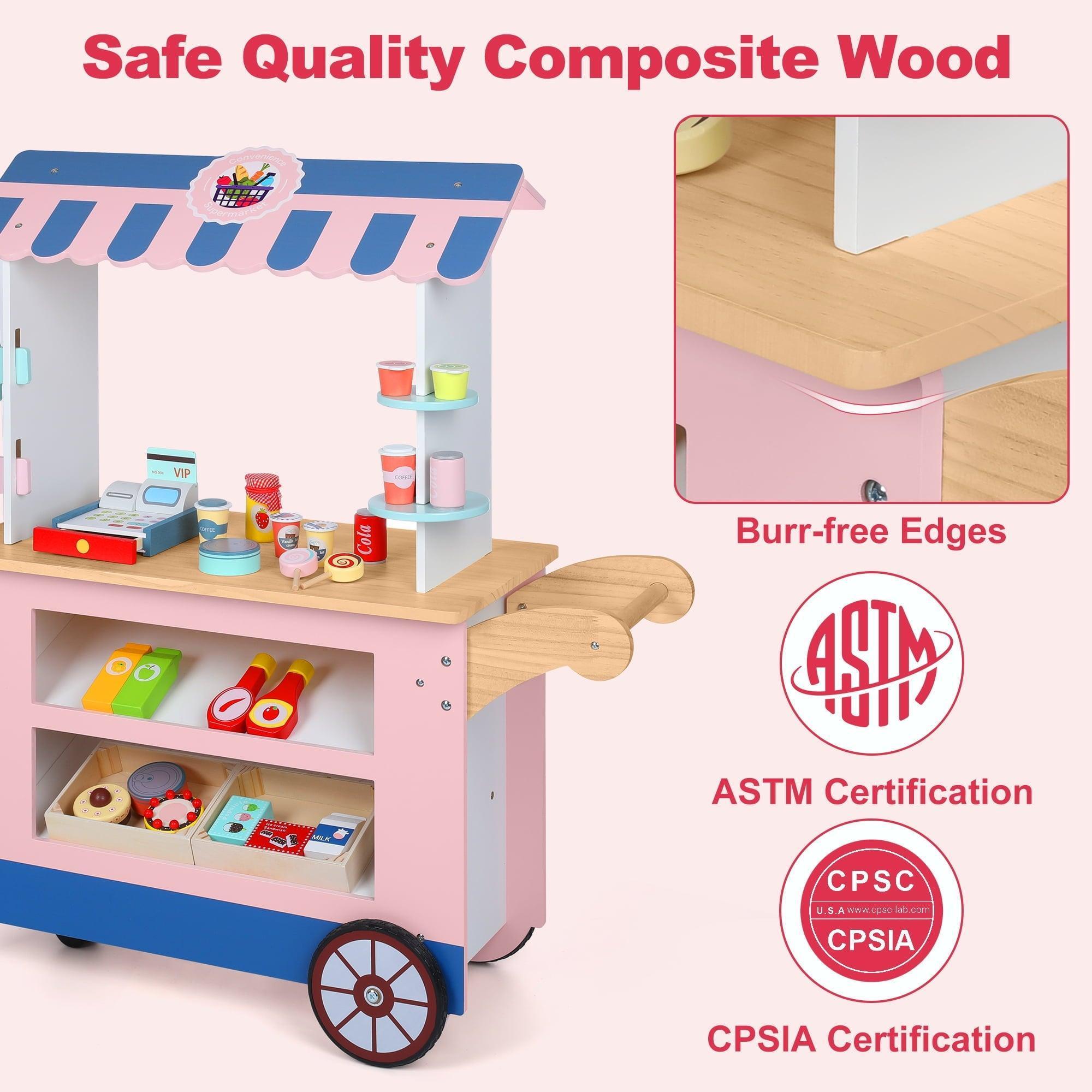 Wisairt Kids Grocery Store Play Set – Pretend Play Wooden Supermarket Shopping Toy with Cash Register, Food & Drink – Pink & Blue - ClubOn