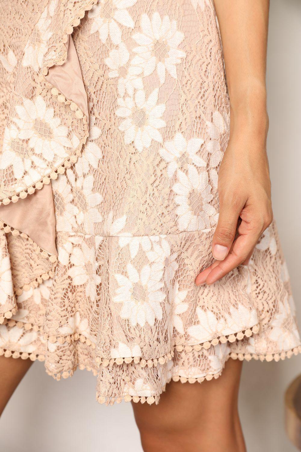 Double Take Floral Lace Pompom Detail Tie-Waist Flutter Sleeve Dress - ClubOn