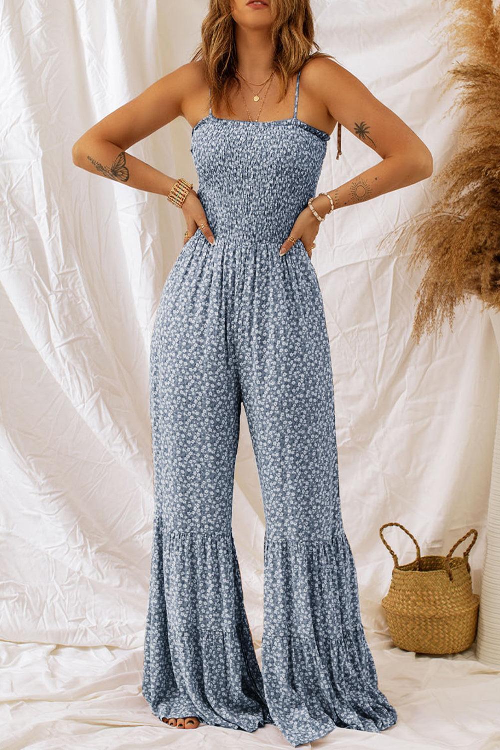 Smocked Printed Wide Strap Jumpsuit - ClubOn