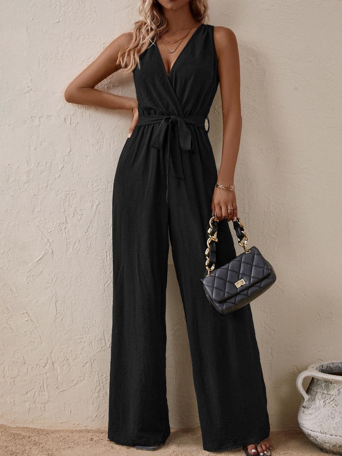 Honey Tied Surplice Sleeveless Wide Leg Jumpsuit - ClubOn