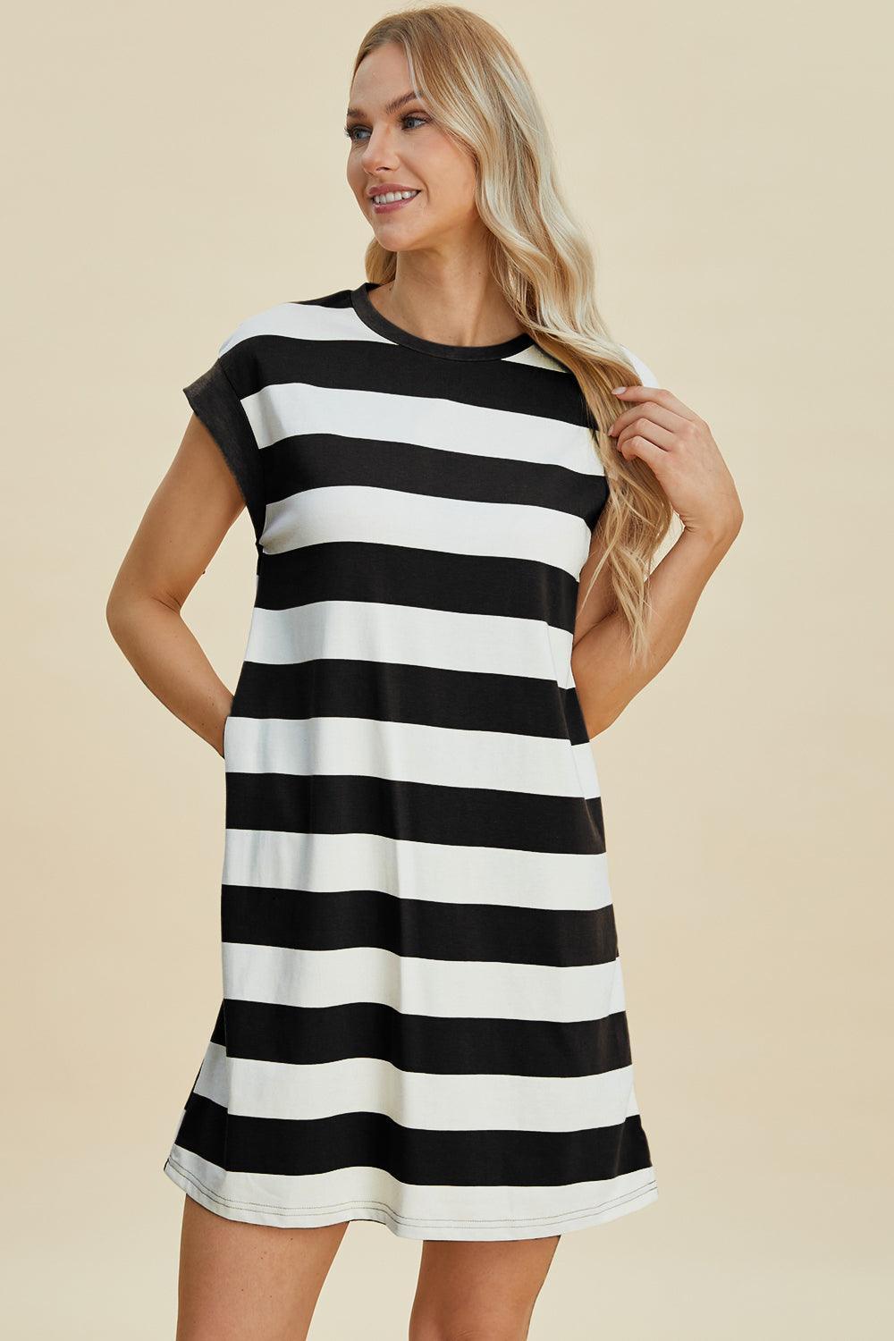 Basic Bae Full Size Striped Round Neck Cap Sleeve Mini Dress - ClubOn