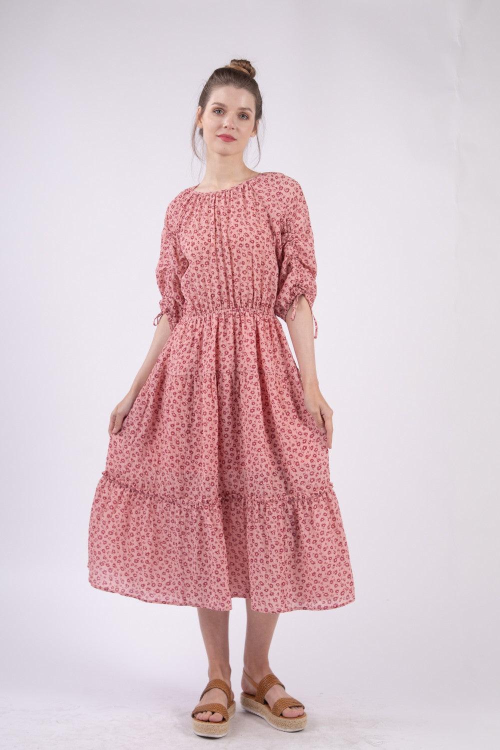 VERY J Floral Round Neck Tiered Midi Dress - ClubOn