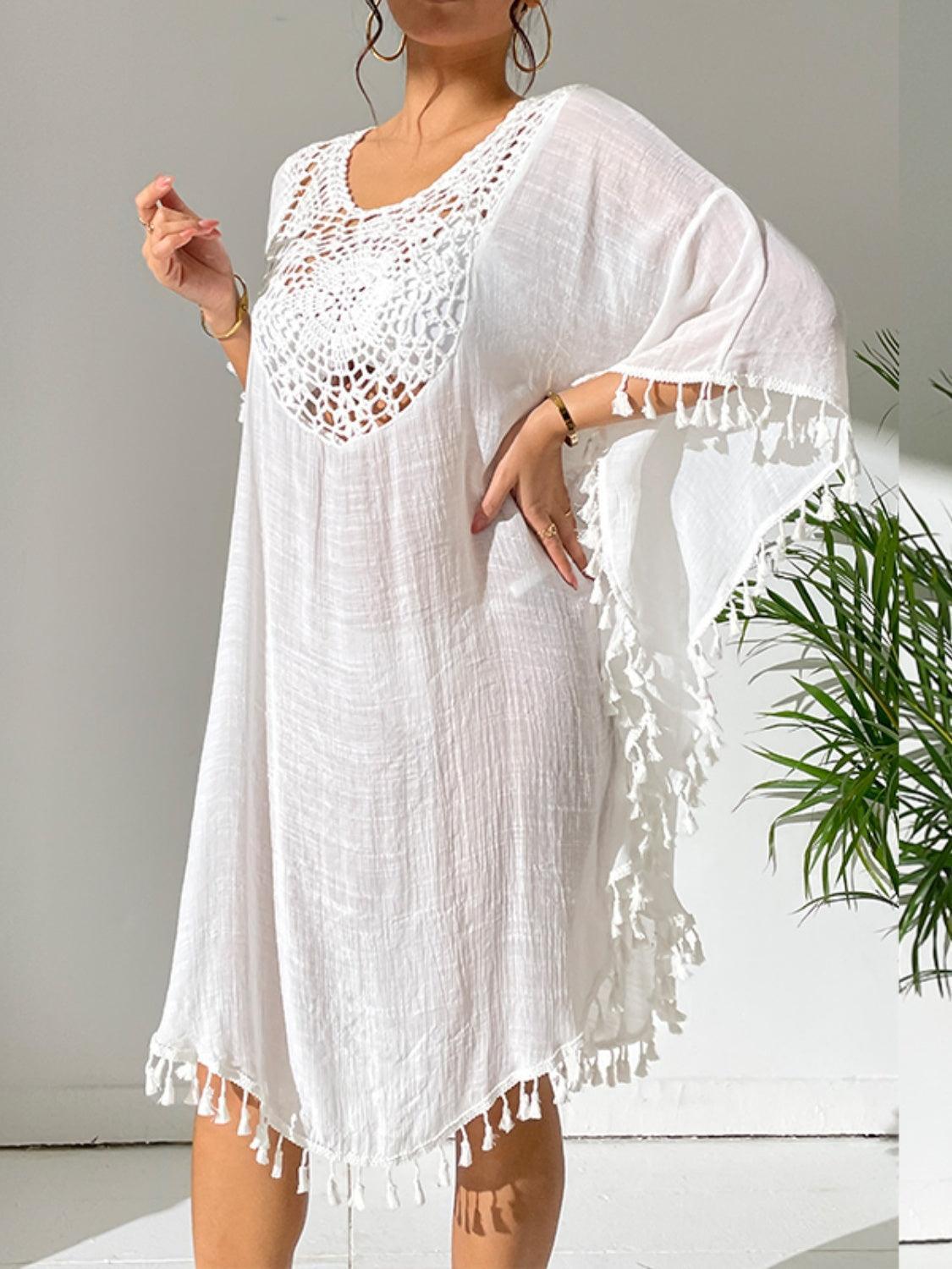 Tassel Cutout Scoop Neck Cover-Up Dress - ClubOn