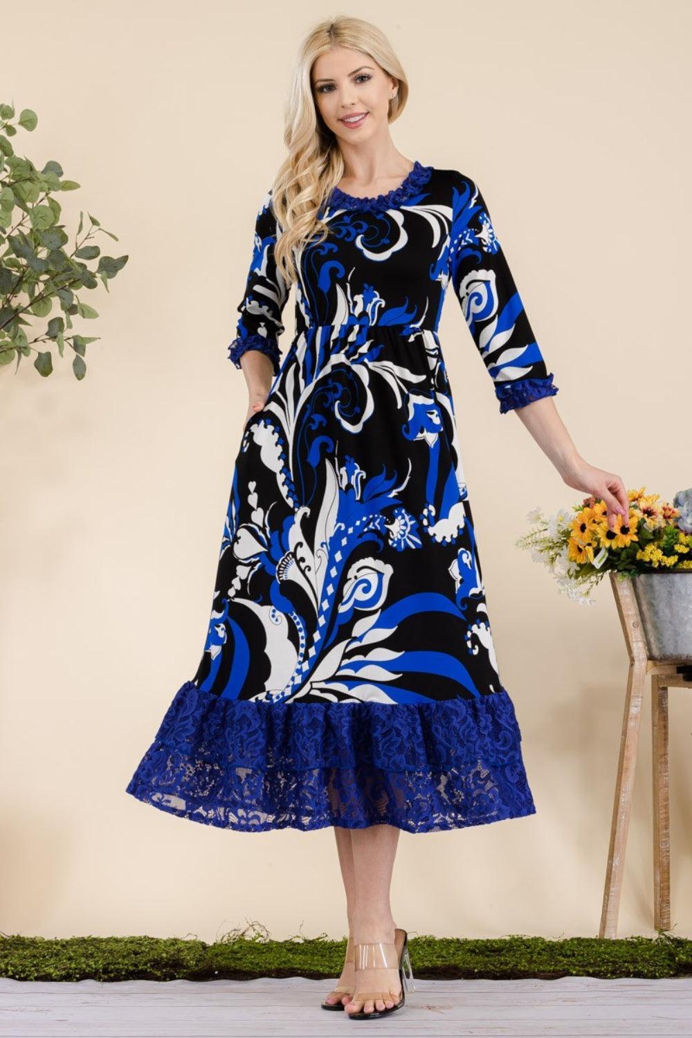 Celeste Full Size Paisley Print Lace Ruffled Midi Dress - ClubOn
