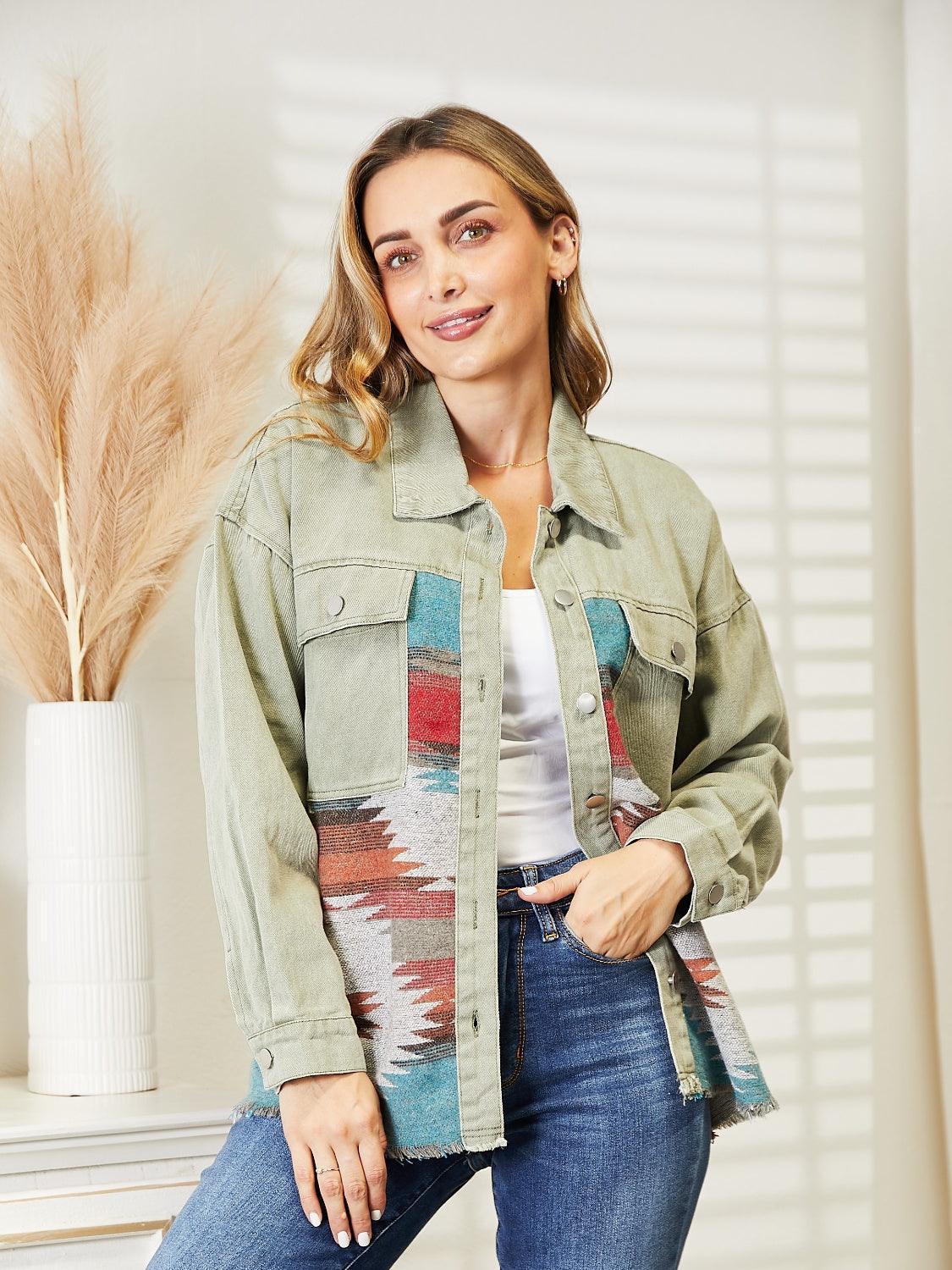 Dropped Shoulder Long Sleeve Printed Denim Jacket - ClubOn