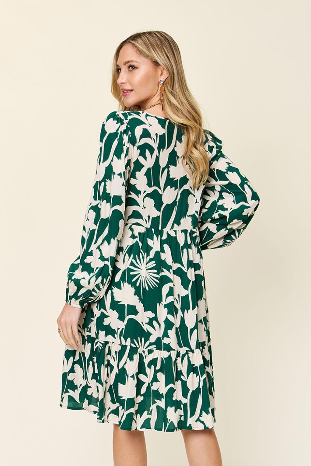 Double Take Full Size Printed Ruffle Hem Dress with Pocket - ClubOn