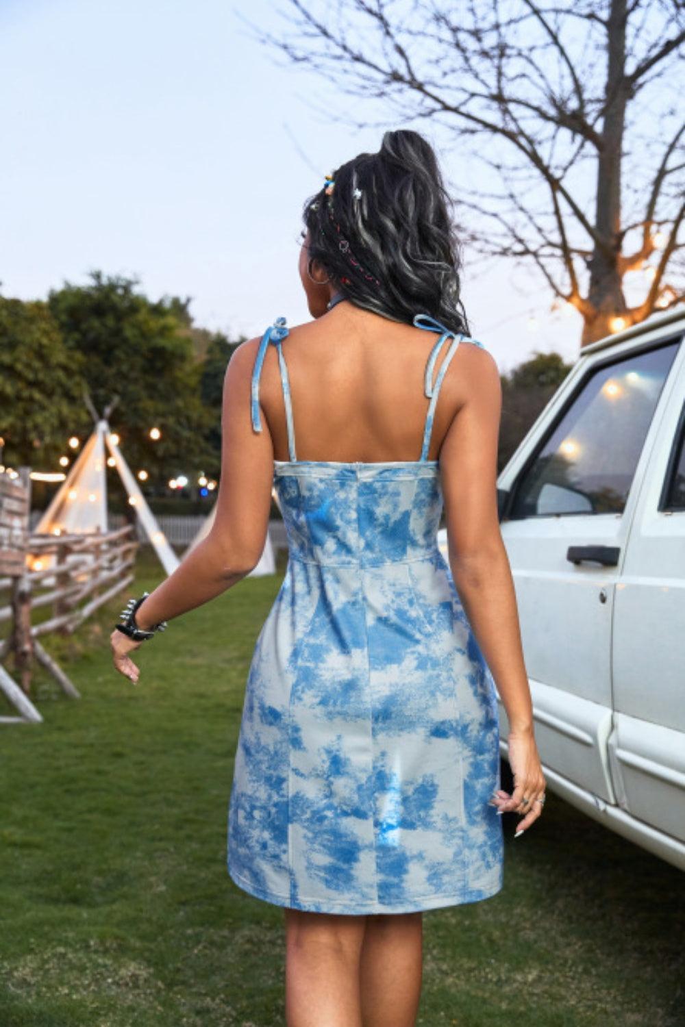 Tied Tie-Dye Sleeveless Mini Cami Dress - ClubOn