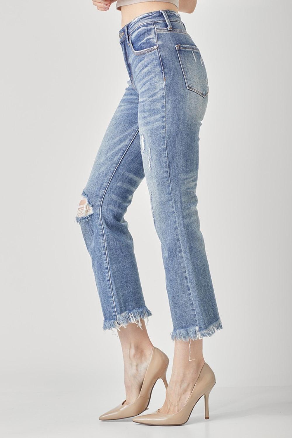 RISEN High Waist Distressed Cropped Bootcut Jeans - ClubOn